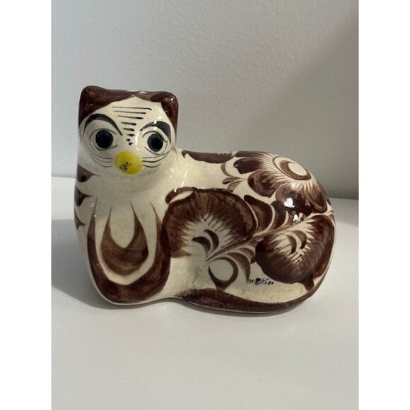 Tonala Traditional Mexican Pottery Ceramic Cat Handmade Vintage White Brown - Picture 1 of 6